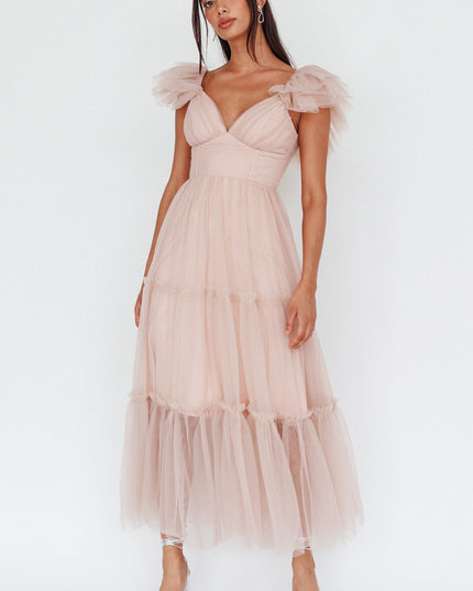 Nude Ruffle Shoulder Tulle Midi Dress