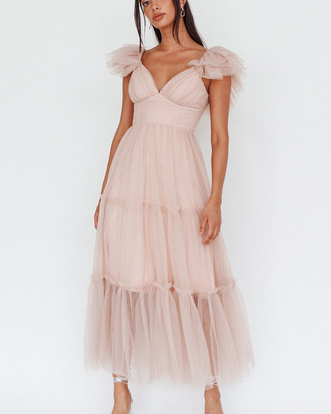 Nude Ruffle Shoulder Tulle Midi Dress