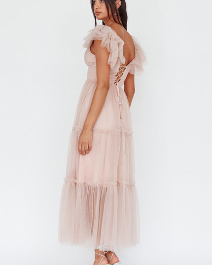 Nude Ruffle Shoulder Tulle Midi Dress