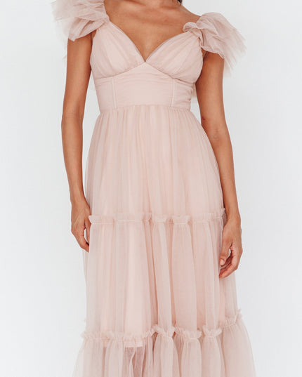 Nude Ruffle Shoulder Tulle Midi Dress