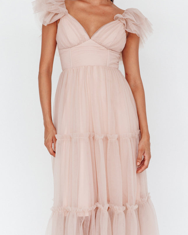 Nude Ruffle Shoulder Tulle Midi Dress