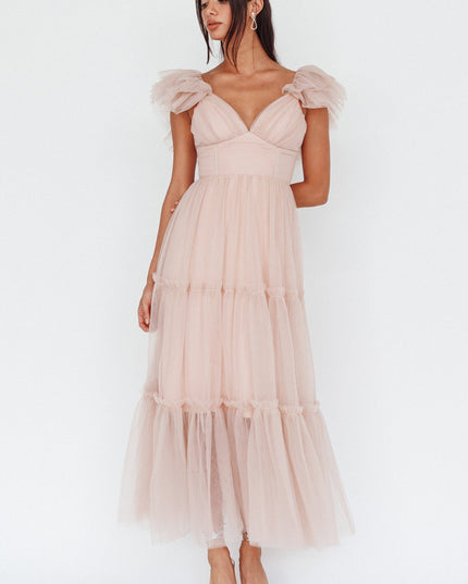 Nude Ruffle Shoulder Tulle Midi Dress
