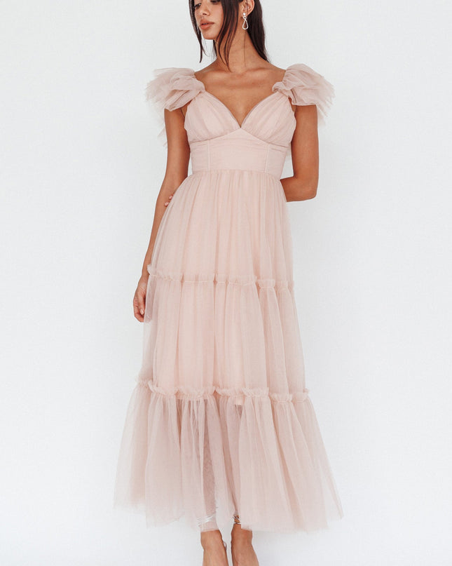 Nude Ruffle Shoulder Tulle Midi Dress