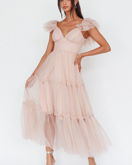 Nude Ruffle Shoulder Tulle Midi Dress