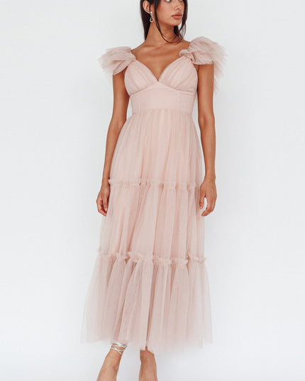 Nude Ruffle Shoulder Tulle Midi Dress