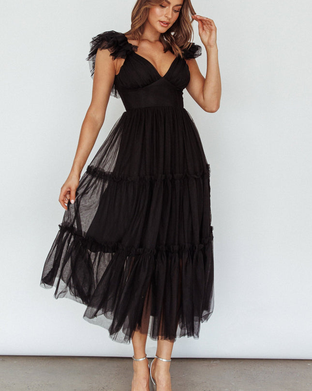 Black Ruffle Shoulder Tulle Midi Dress