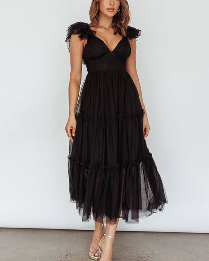 Black Ruffle Shoulder Tulle Midi Dress