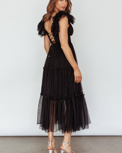 Black Ruffle Shoulder Tulle Midi Dress