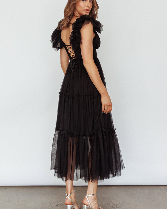 Black Ruffle Shoulder Tulle Midi Dress
