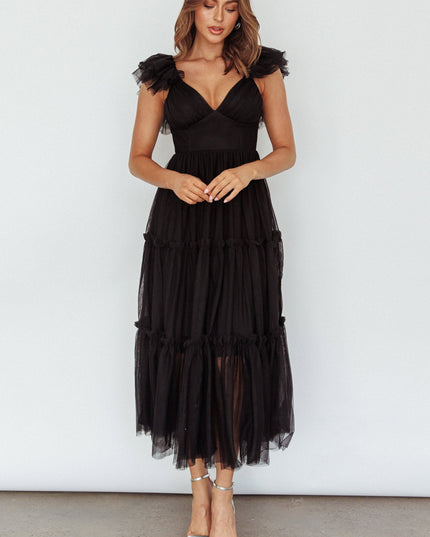 Black Ruffle Shoulder Tulle Midi Dress