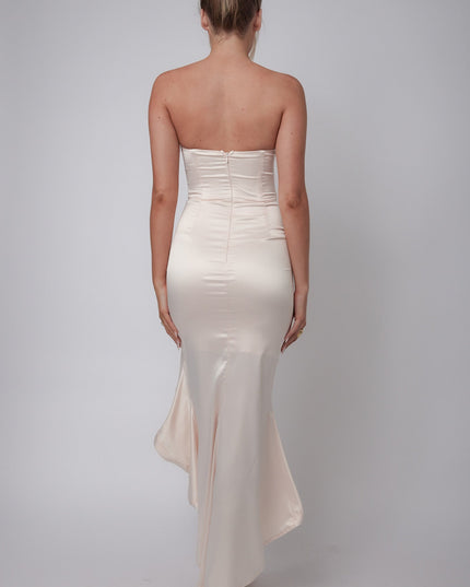 Oyster Strapless Ruffle Hem Midi Dress