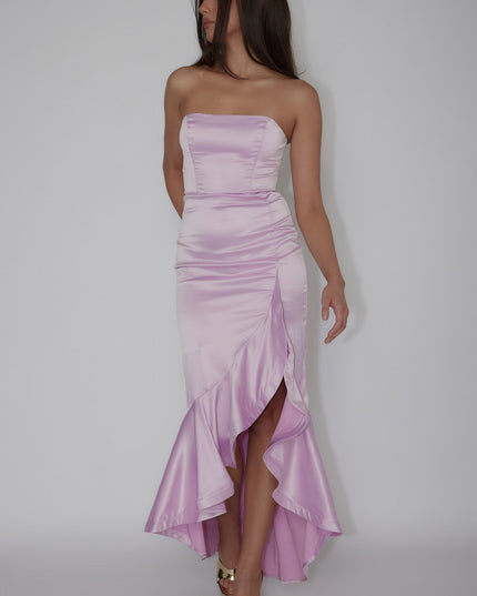 Pink Strapless Ruffle Hem Midi Dress