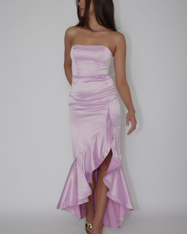 Pink Strapless Ruffle Hem Midi Dress