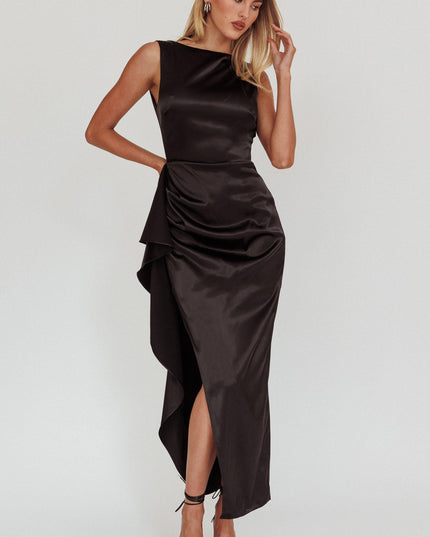 Black Boat Neck Split Maxi Dress