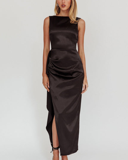 Black Boat Neck Split Maxi Dress