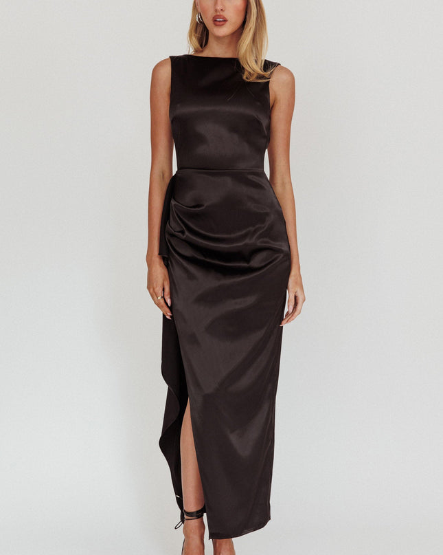 Black Boat Neck Split Maxi Dress