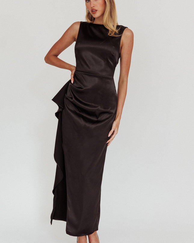 Black Boat Neck Split Maxi Dress