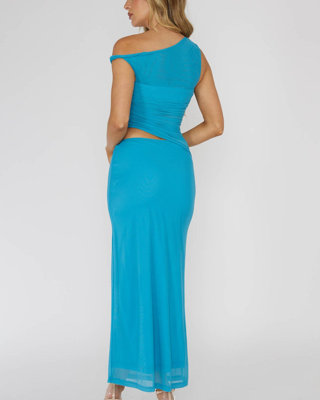 Ocean Ruched Bodice Twist Strap Midi Dress