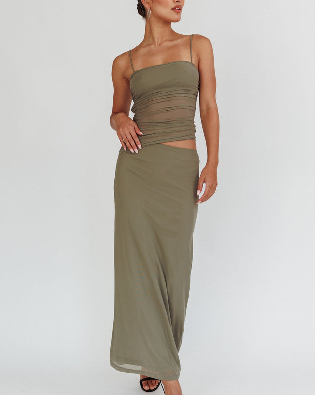 Olive Ruched Bodice Maxi Dress