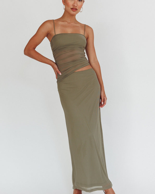 Olive Ruched Bodice Maxi Dress