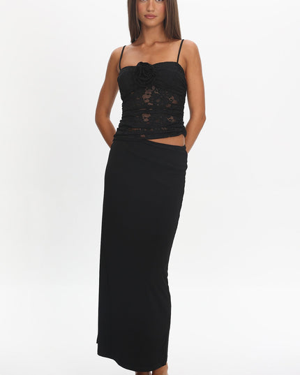 Black Lace Rosette Maxi Dress