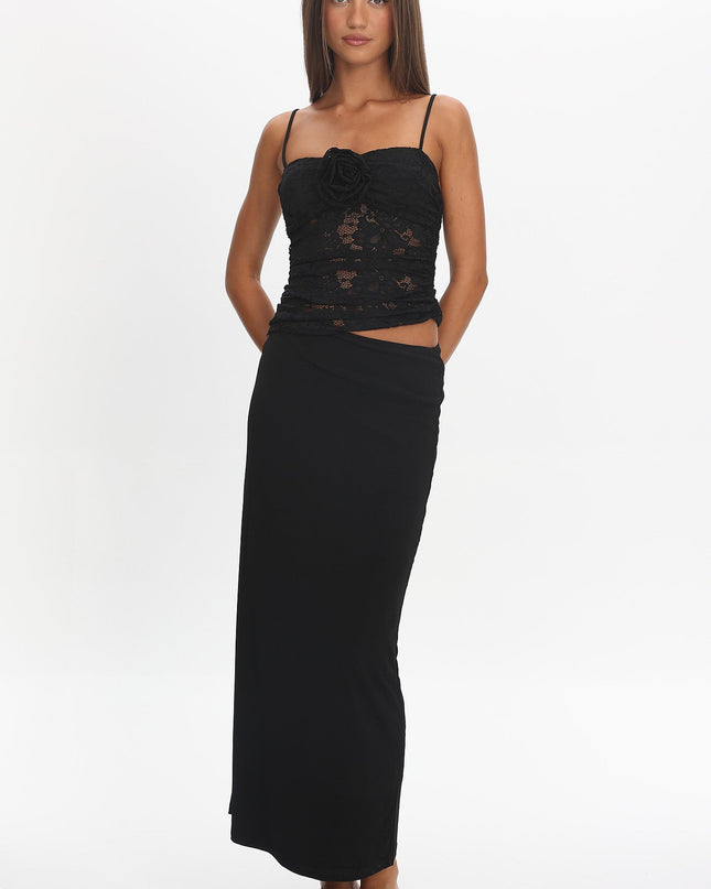 Black Lace Rosette Maxi Dress