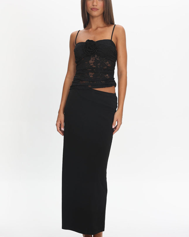Black Lace Rosette Maxi Dress