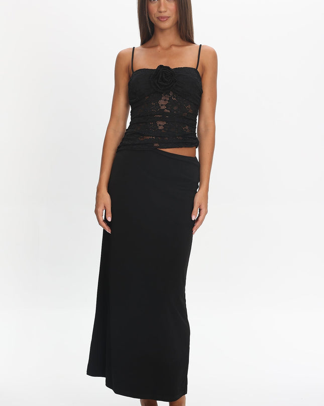 Black Lace Rosette Maxi Dress