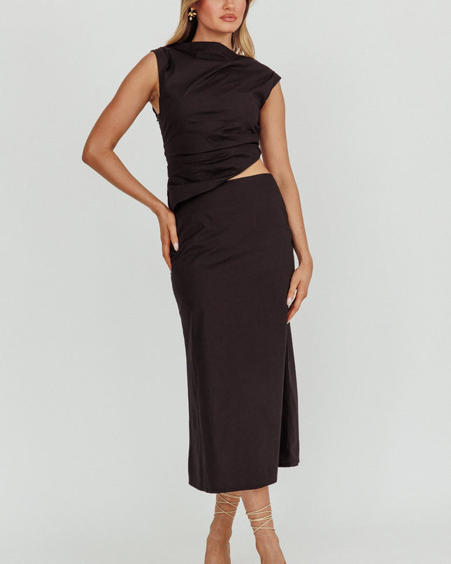 Black Boat Neck Cut Out Midi Dress