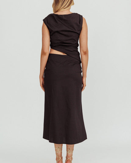 Black Boat Neck Cut Out Midi Dress