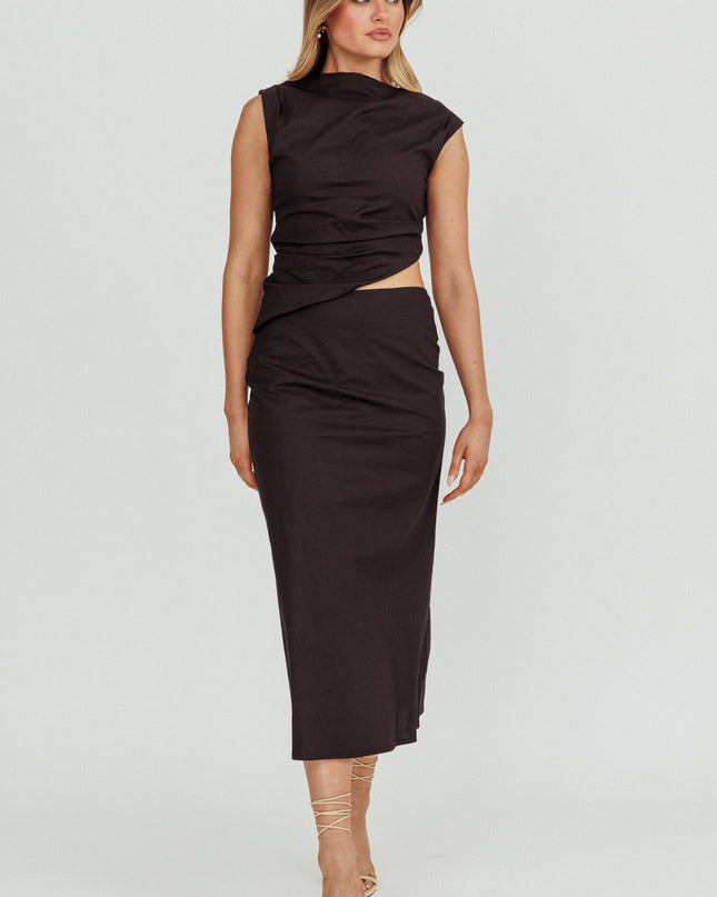 Black Boat Neck Cut Out Midi Dress