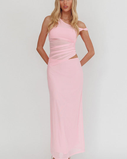 Pink Ruched Bodice Twist Strap Maxi Dress