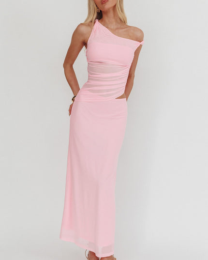 Pink Ruched Bodice Twist Strap Maxi Dress