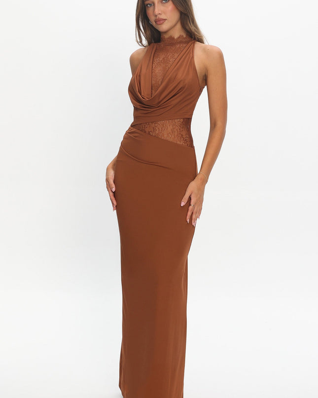 Chocolate Lace Bodice Cowl Maxi Dress
