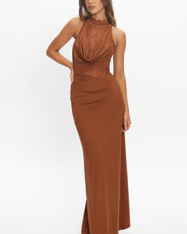 Chocolate Lace Bodice Cowl Maxi Dress