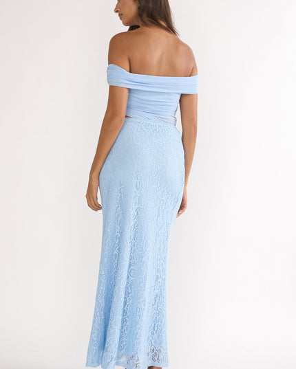 Blue Off-Shoulder Lace Maxi Dress