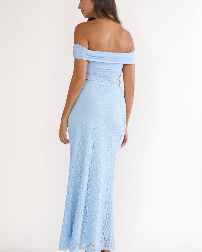 Blue Off-Shoulder Lace Maxi Dress