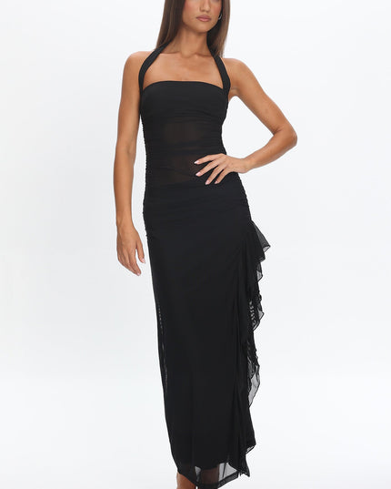 Black Halterneck Mesh Maxi Dress