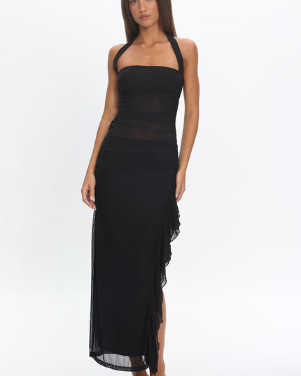 Black Halterneck Mesh Maxi Dress