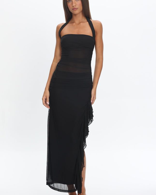 Black Halterneck Mesh Maxi Dress