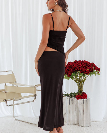 Black Ruched Bodice Midi Dress