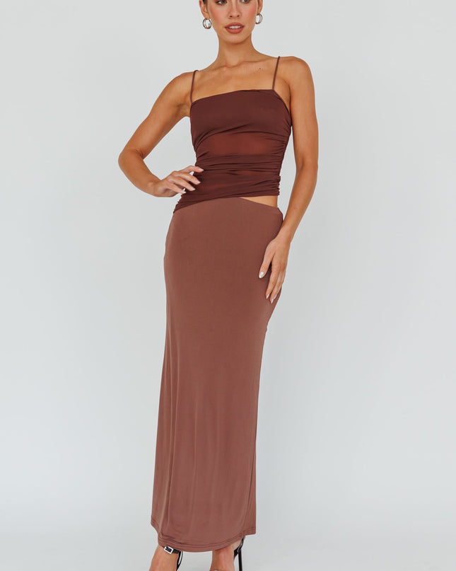 Brown Ruched Bodice Midi Dress