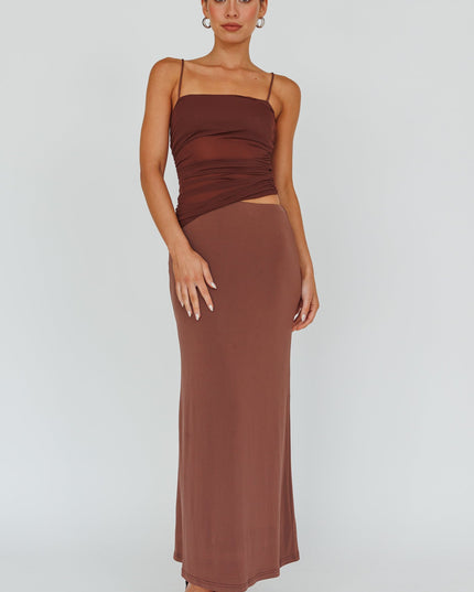 Brown Ruched Bodice Midi Dress