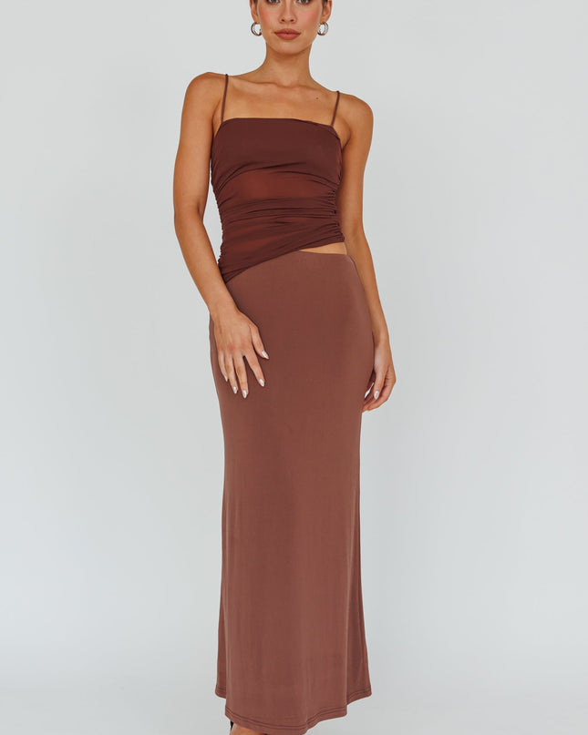 Brown Ruched Bodice Midi Dress