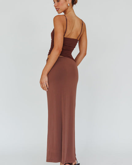 Brown Ruched Bodice Midi Dress