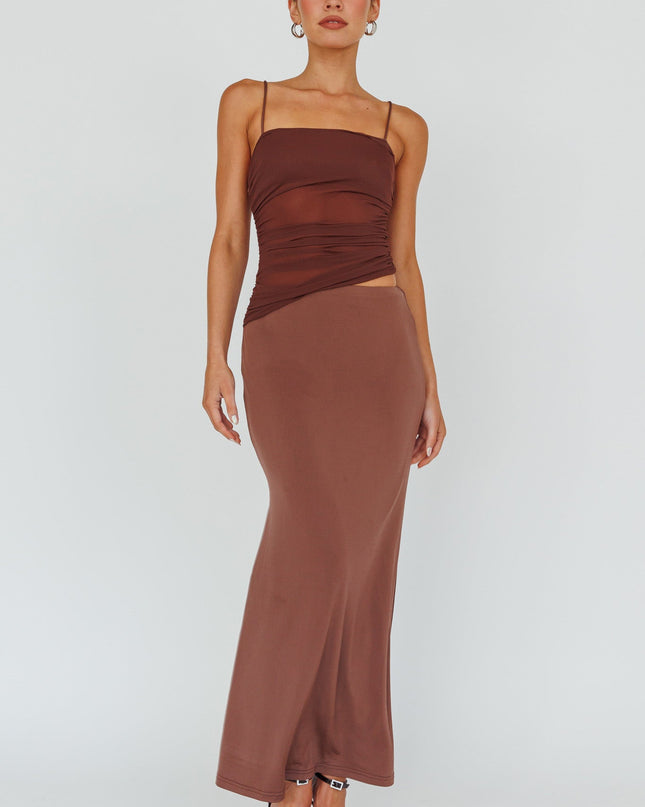 Brown Ruched Bodice Midi Dress