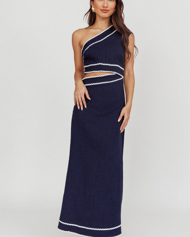Dark Denim One-Shoulder Cut-Out Maxi Dress