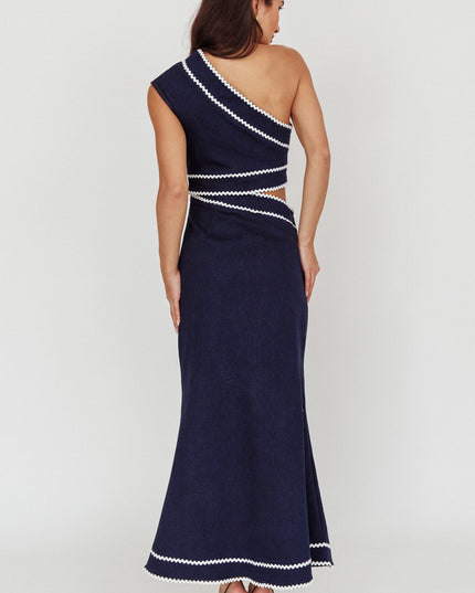Dark Denim One-Shoulder Cut-Out Maxi Dress