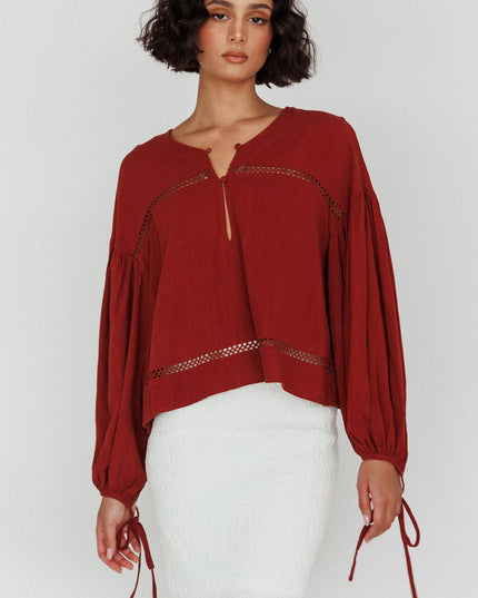 Long Sleeve Embroidery Trim Top Tobacco