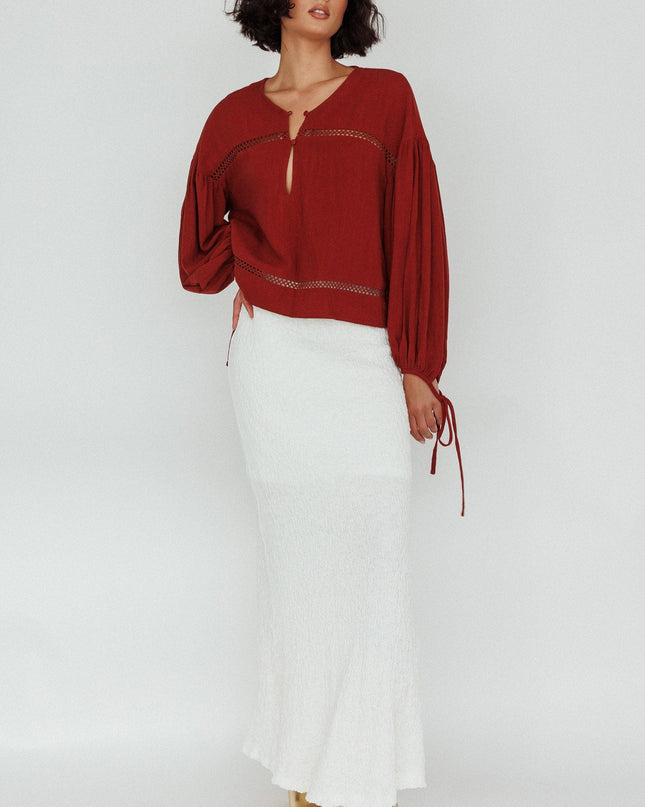 Long Sleeve Embroidery Trim Top Tobacco